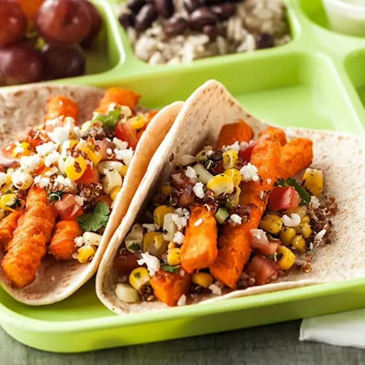 Street Sweet Potato Tacos with Jalapeño Corn-Quinoa Pico, Guacamole Ranch Recipe Card